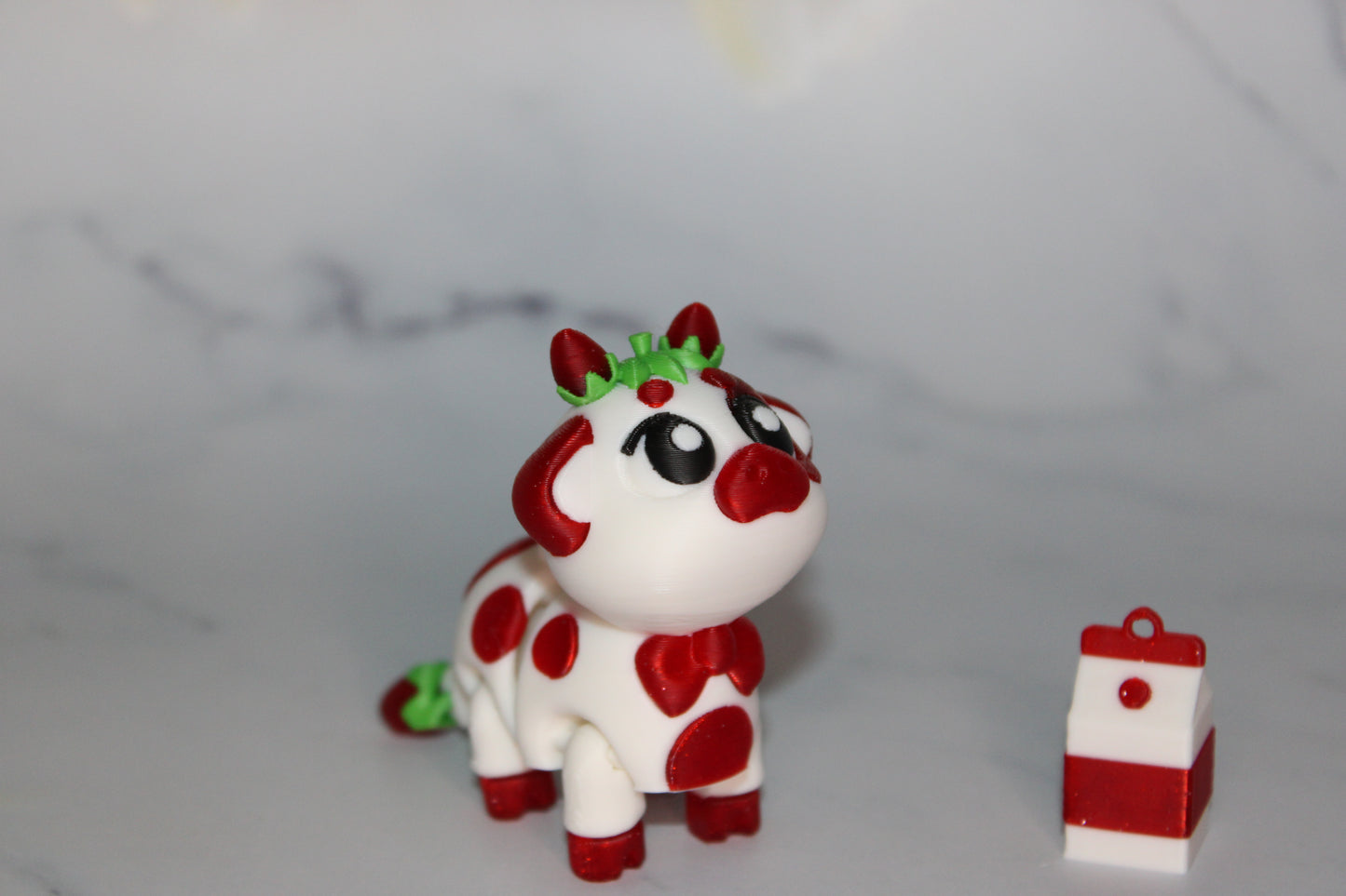 Strawberry Cow with Milk Carton 2 Piece Set-3.5 inches  3D Printed Articulated Flexi Fidget