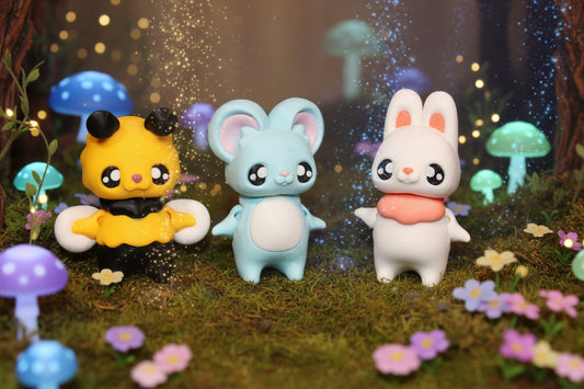 3D Printed Bee, Mouse and Bunny Pixies- 3" tall- all 3 included - Wonderland 3D Printing 