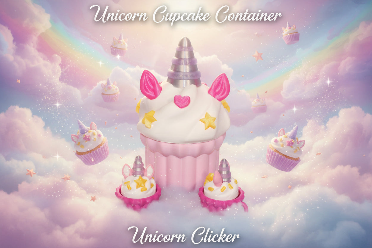 3D-printed Unicorn Cupcake container comes with 2 Unicorn clickers - Wonderland 3D Printing 