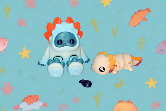 Woobu Upa Axolotl Articulated 3d Printed Figurine-Comes with Woobu, Baby Axolotl and Tiny Fish - Wonderland 3D Printing 