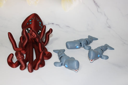 Sperm Whale or Mocha Whale with Squid Holder Options 3D Printed Articulated Flexi Figurine - Wonderland 3D Printing 