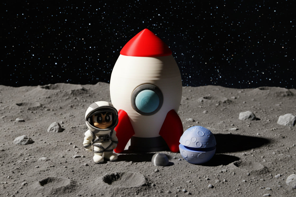 3D-printed Astronaut and Spaceship container with moon clicker - Wonderland 3D Printing 