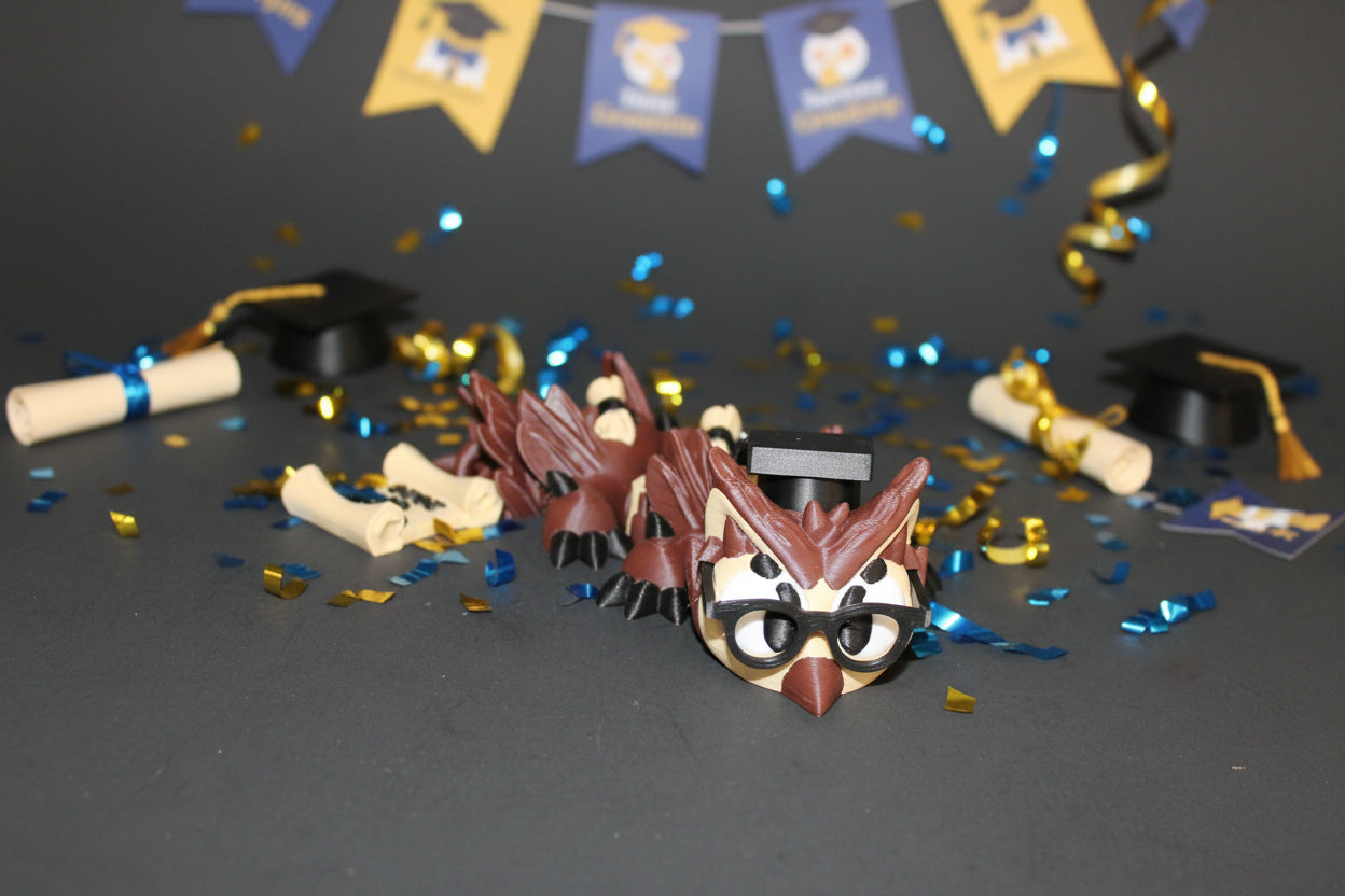 Graduation Owl Dragon 3D Printed Articulated Figurine-7" - Wonderland 3D Printing 