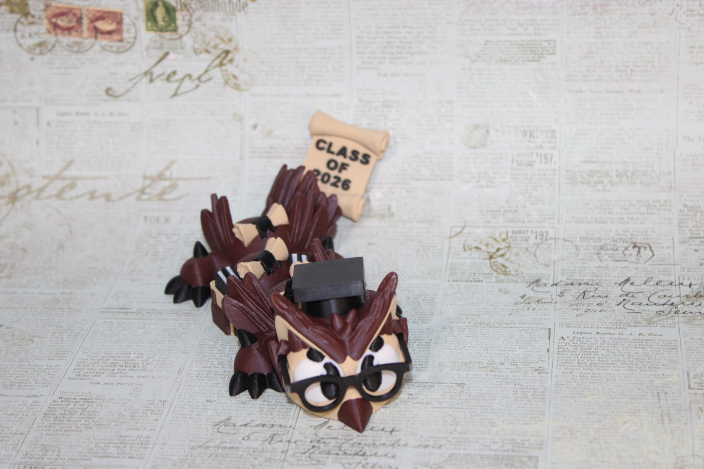 Graduation Owl Dragon 3D Printed Articulated Figurine-7" - Wonderland 3D Printing 