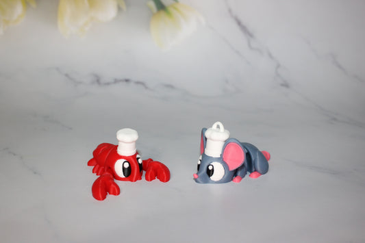 Flexi Mini Chef Mouse and Chef Lobster- 3 inches Long or Bag Charms 3D Printed Articulated Flexi Fidget (Copy) - Wonderland 3D Printing 