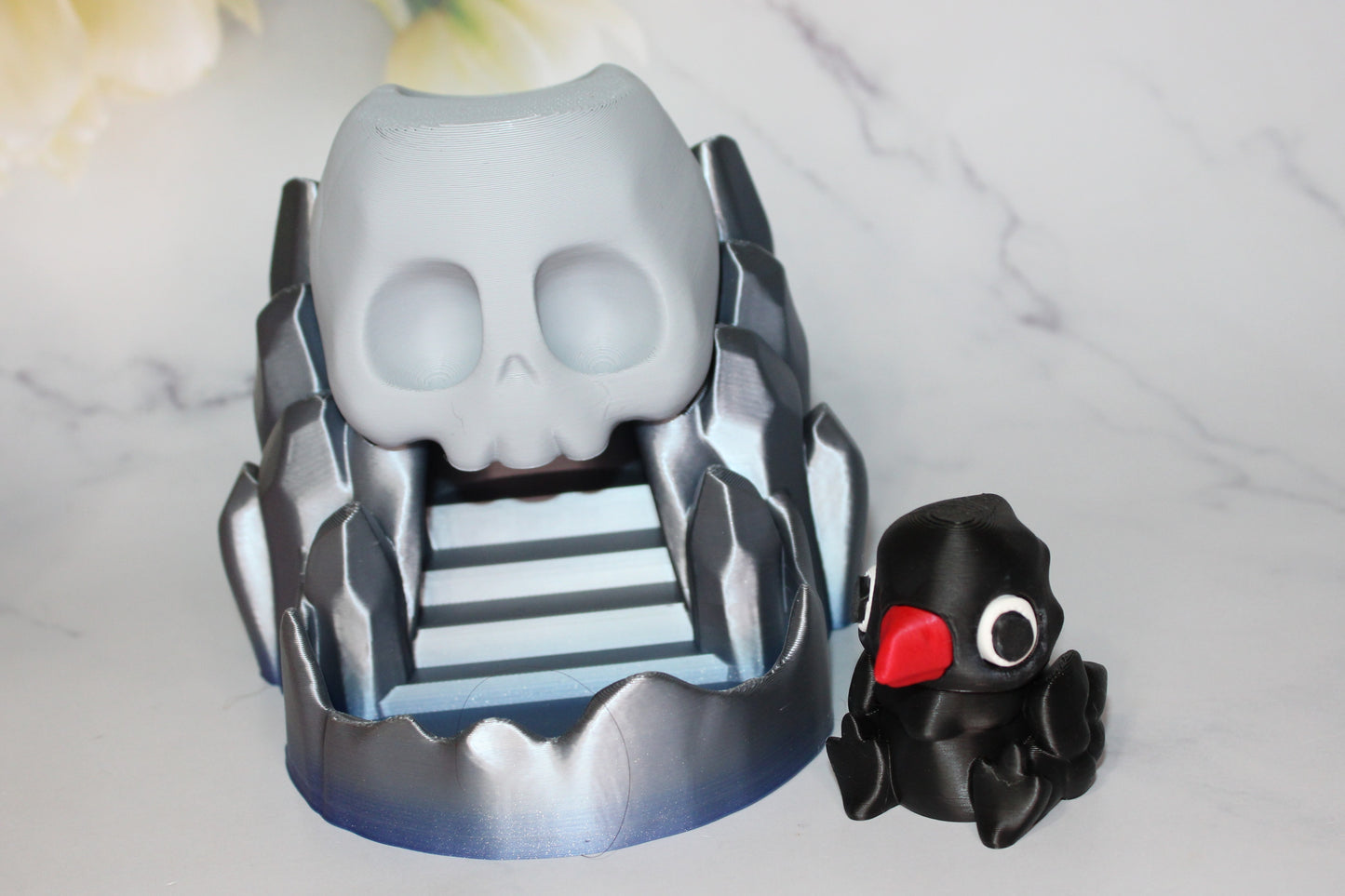 Skull Dice Tower with Crow Slider- Articulated Flexi 3d Printed Figurine-Magnetic