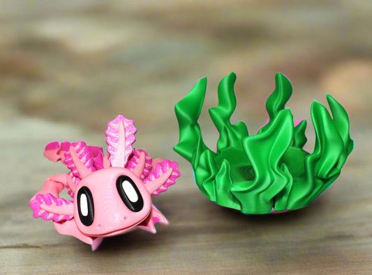 Pink and green cartoon-like characters on a white background with green leaves.