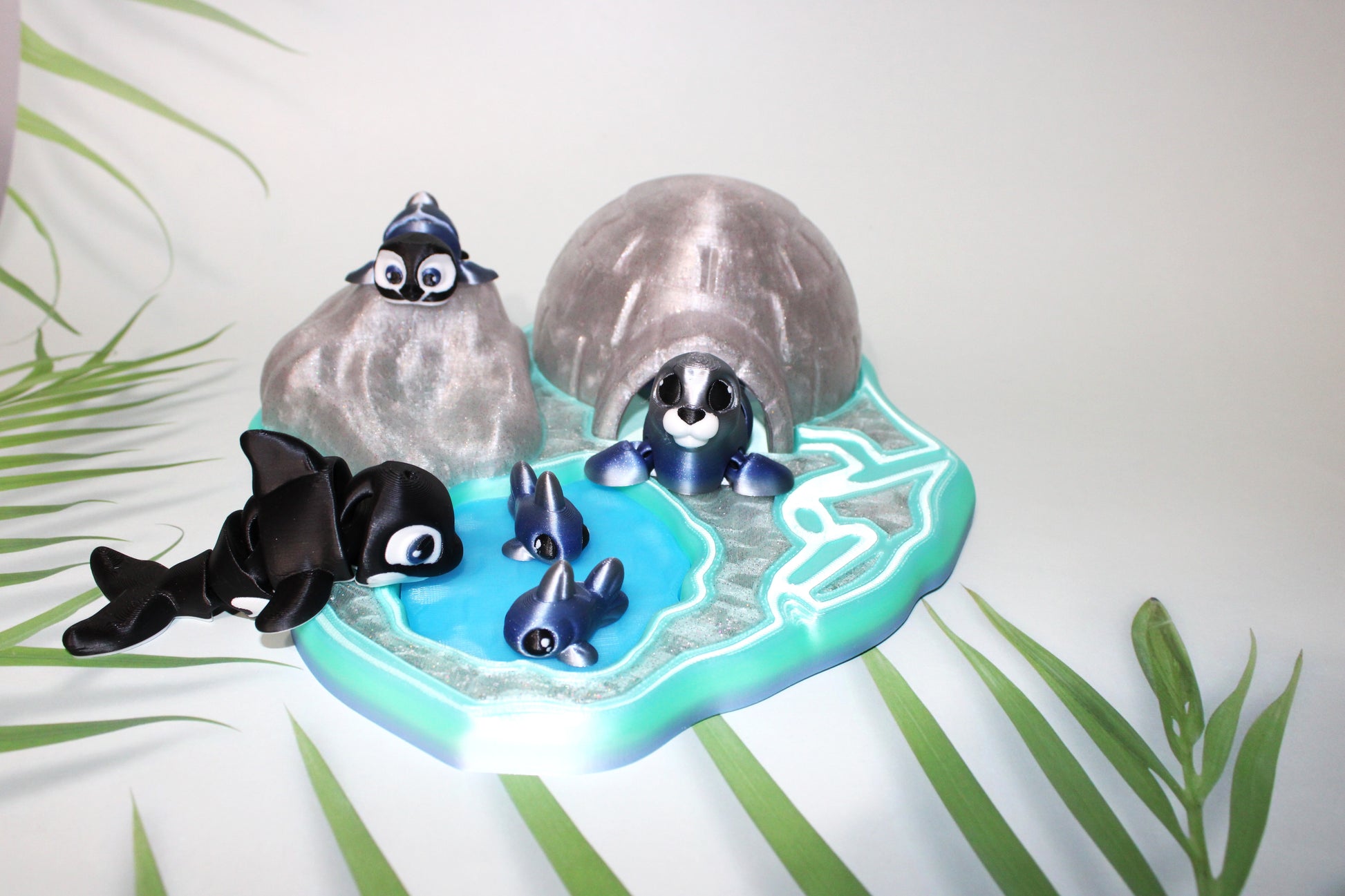 Artic Set: Includes Igloo and base with 1 Orca, 1Pengiun,1 Seal, and 2 fish-Full Color 3D Printed Articulated Fidget Toy - Wonderland 3D Printing 