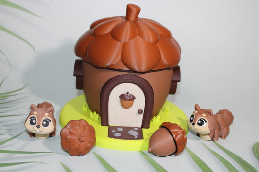 Flexi Squirrels (2) with Acorn House Showcase Container and 2 Acorn Clickers-3D Printed Articulated Flexi Figurine - Wonderland 3D Printing 