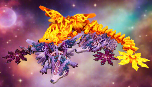 Colorful dragon-shaped toys on a green surface