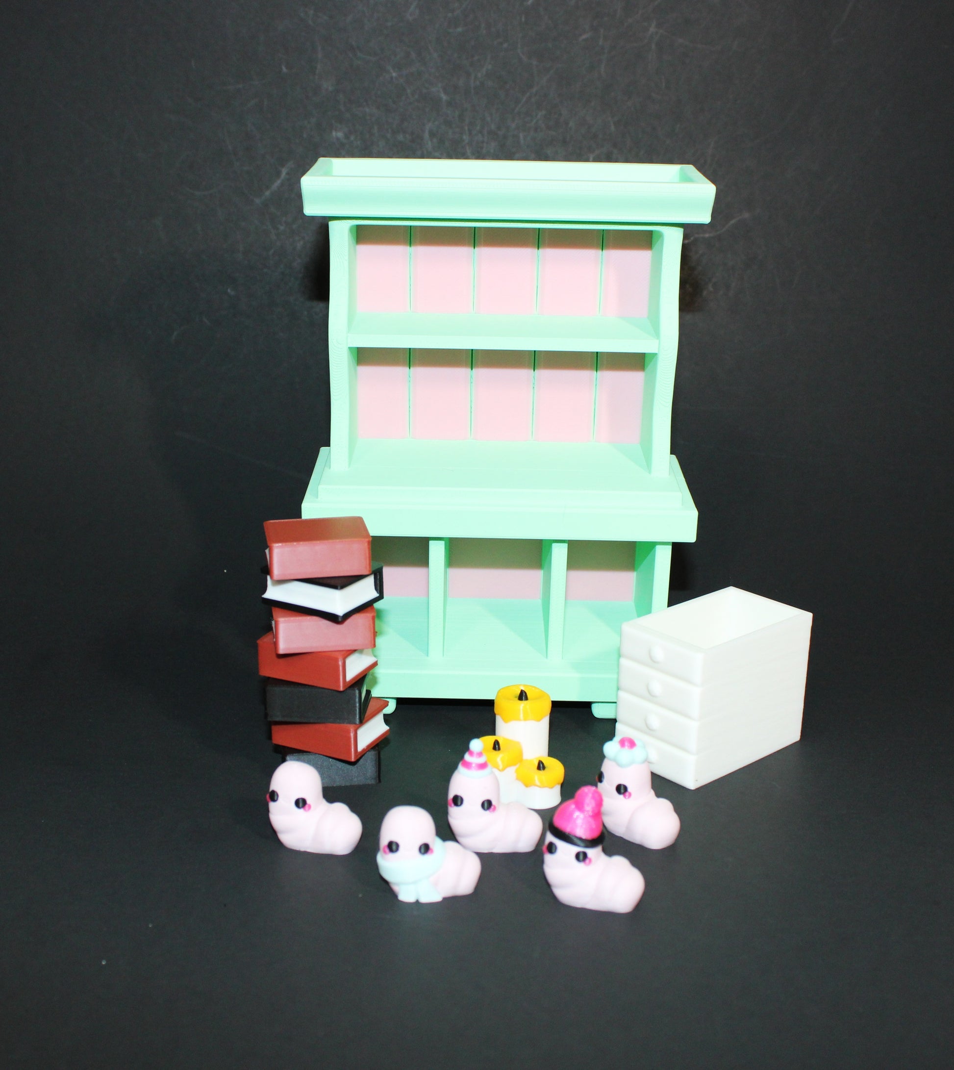 3D-Printed Bookworm Hutch – Includes Worms, Books, a Hutch, and a Candle. - Wonderland 3D Printing 