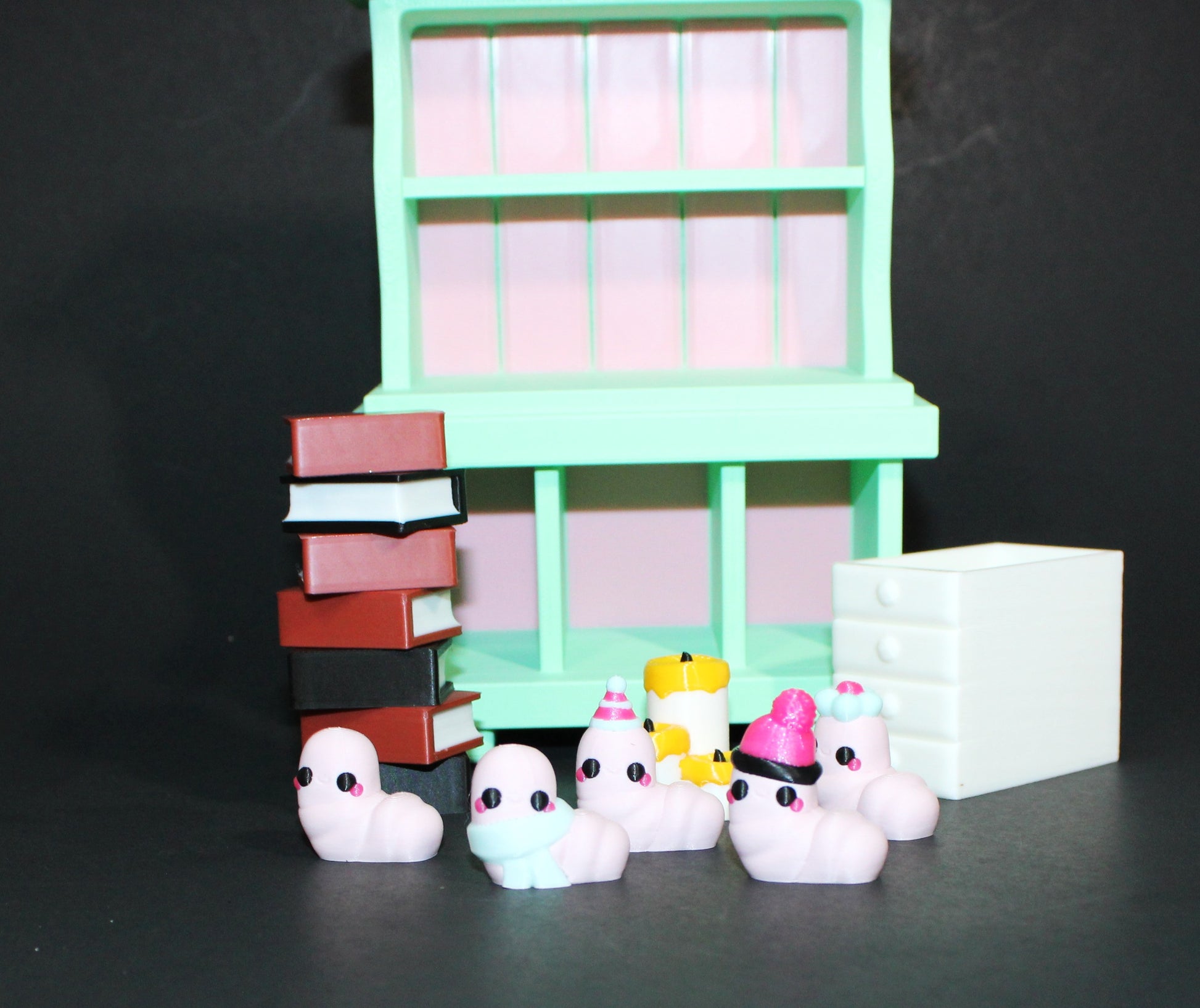 3D-Printed Bookworm Hutch – Includes Worms, Books, a Hutch, and a Candle. - Wonderland 3D Printing 