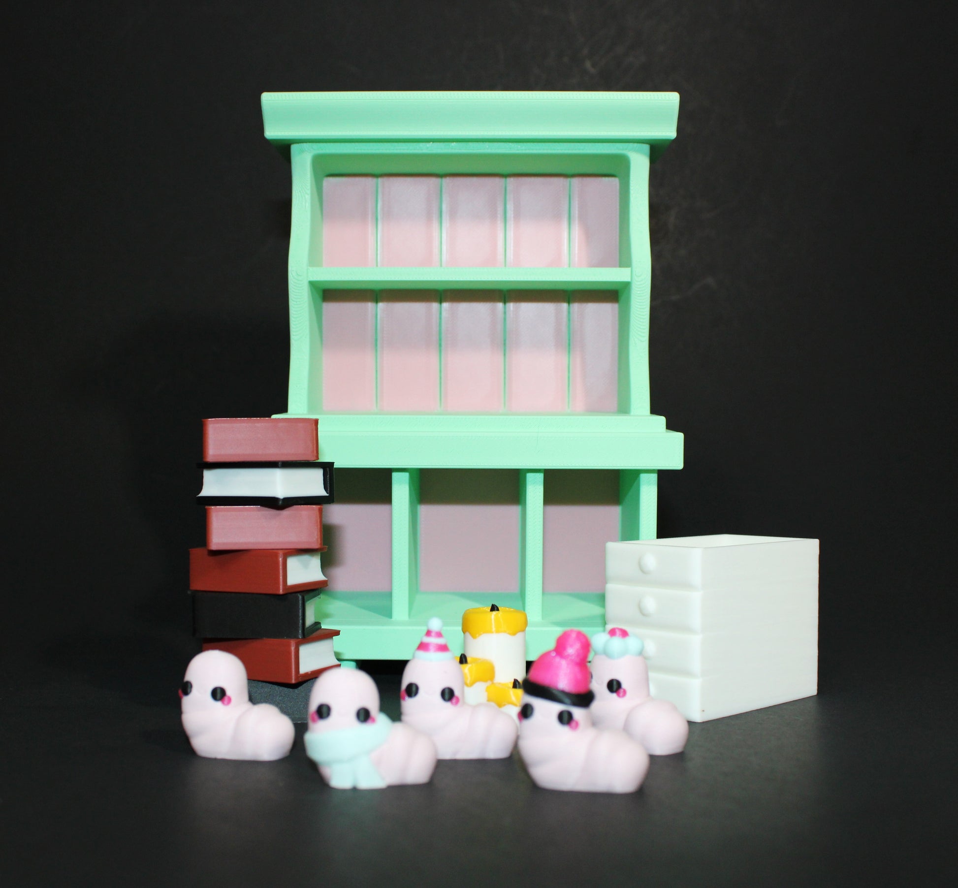 3D-Printed Bookworm Hutch – Includes Worms, Books, a Hutch, and a Candle. - Wonderland 3D Printing 