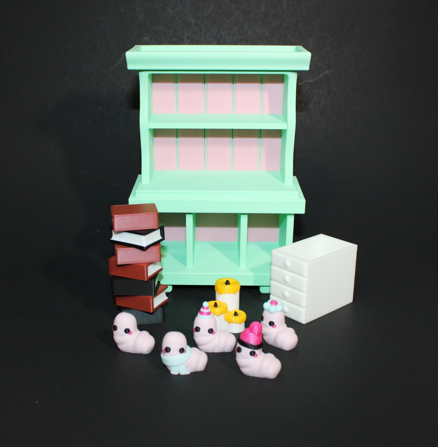 3D-Printed Bookworm Hutch – Includes Worms, Books, a Hutch, and a Candle. - Wonderland 3D Printing 