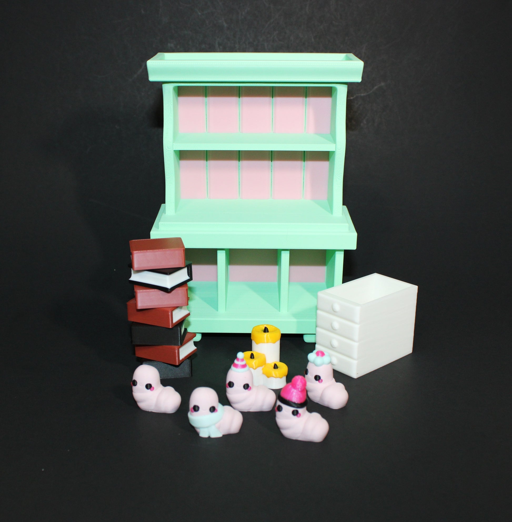 3D-Printed Bookworm Hutch – Includes Worms, Books, a Hutch, and a Candle. - Wonderland 3D Printing 