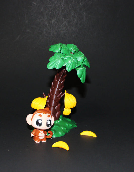 3D Printed Monkey with Banana Tree Toy Set: Includes Tree that Leaves Spin, 1 Monkey, 2 Bananas, and 2 Hanging Banana Bunches - Wonderland 3D Printing 