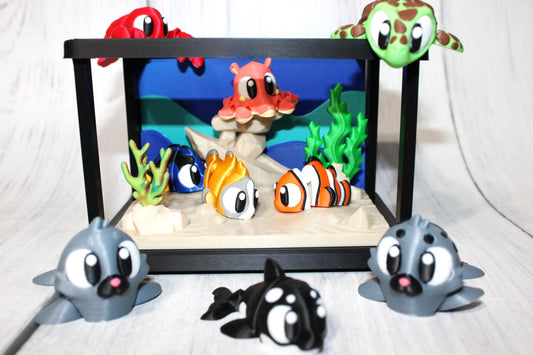 9 Flexi Tropical Fish with Fish Tank -3 Tropical Fish, 1 Octopus, 1 Killer Whale, 2 Seals,1 Lobster and 1 Sea Turtle-3D Printed Flexi Fidget - Wonderland 3D Printing 