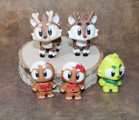 6 Piece Set of Flexi Mini Christmas Friends-3D Printed Articulated Figurine Fidget Toy-Bag Charm Options